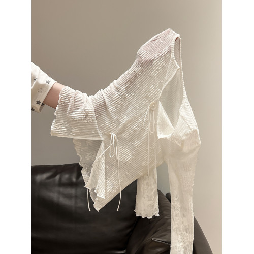 白色毛針織開衫長袖木耳邊罩衫女裝2025早秋修身微透系帶上衣外套