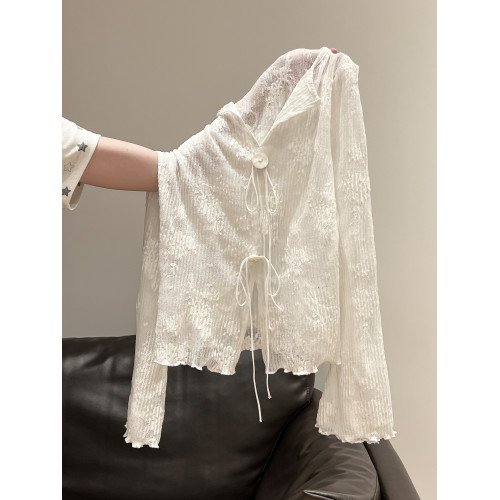 白色毛針織開衫長袖木耳邊罩衫女裝2025早秋修身微透系帶上衣外套