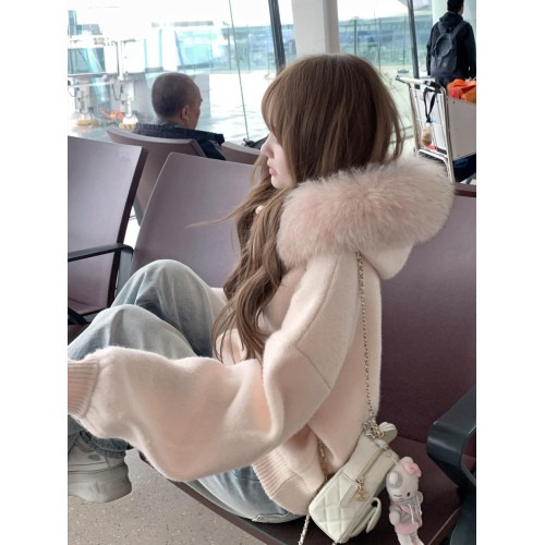 大毛領連帽毛衣開衫外套女秋冬季韓系寬松慵懶高級感軟糯針織上衣