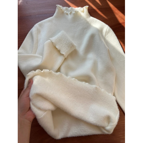 韓系半高領一體絨加厚打底衫女秋冬季木耳邊內搭保暖上衣針織毛衣