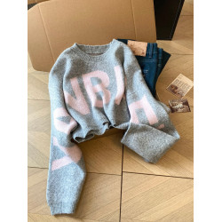 撞色字母套頭毛衣女秋冬穿搭長袖圓領純欲洋氣好看短款針織衫上衣