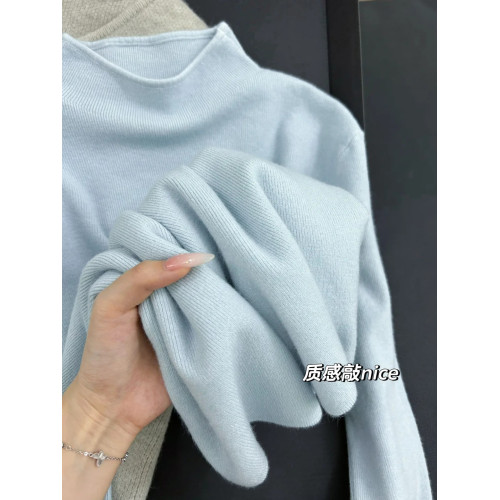 海鹽藍軟糯chic半高領毛針織衫女秋冬曡穿小立領氣質內搭打底上衣