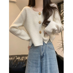 別致溫柔方領紐釦短款針織開衫女春秋新款小個子百搭毛衣早秋外套