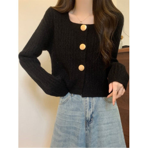 別致溫柔方領紐釦短款針織開衫女春秋新款小個子百搭毛衣早秋外套