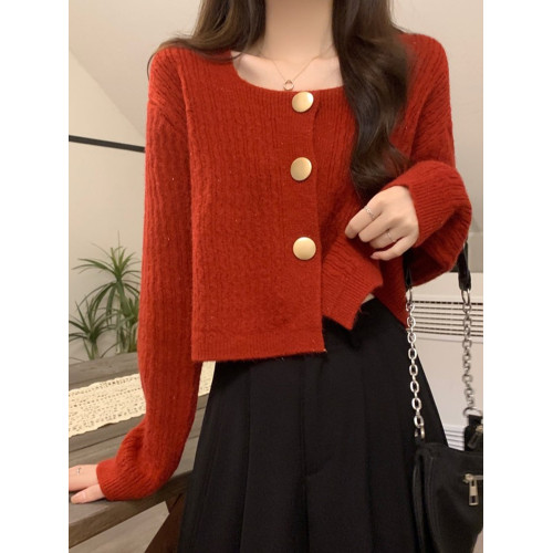 別致溫柔方領紐釦短款針織開衫女春秋新款小個子百搭毛衣早秋外套