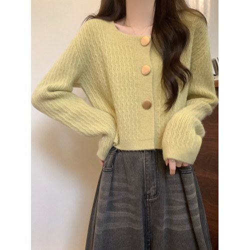 別致溫柔方領紐釦短款針織開衫女春秋新款小個子百搭毛衣早秋外套