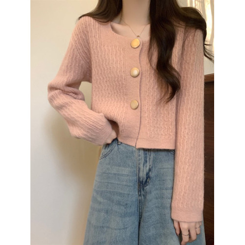 別致溫柔方領紐釦短款針織開衫女春秋新款小個子百搭毛衣早秋外套