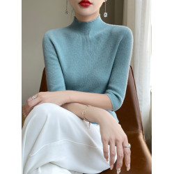 一線成衣無縫半高領羊毛打底衫女修身五分袖中袖秋季針織內搭上衣