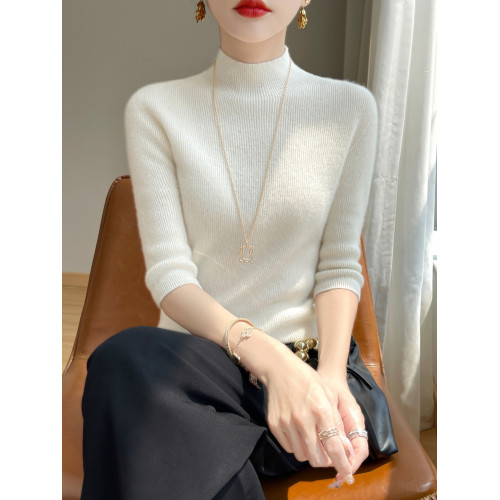 一線成衣無縫半高領羊毛打底衫女修身五分袖中袖秋季針織內搭上衣