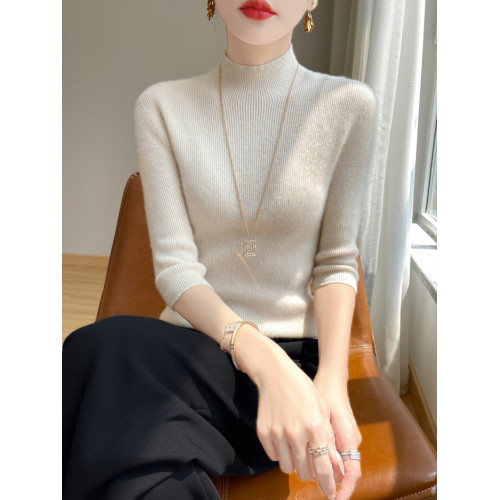 一線成衣無縫半高領羊毛打底衫女修身五分袖中袖秋季針織內搭上衣