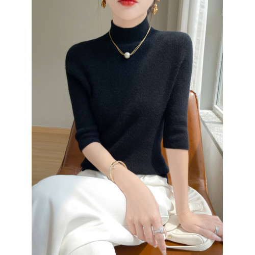 一線成衣無縫半高領羊毛打底衫女修身五分袖中袖秋季針織內搭上衣