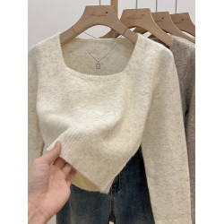 韓系方領穿搭短款軟糯針織衫女上衣秋冬新款長袖毛衣內搭打底上衣