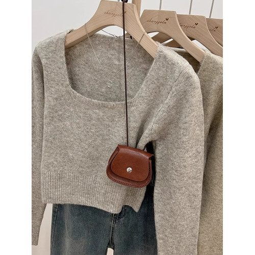 韓系方領穿搭短款軟糯針織衫女上衣秋冬新款長袖毛衣內搭打底上衣