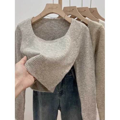 韓系方領穿搭短款軟糯針織衫女上衣秋冬新款長袖毛衣內搭打底上衣