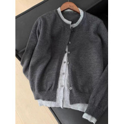 韓系深秋chic撞色假兩件灰色針織開衫外套女慵懶高級外搭毛衣上衣