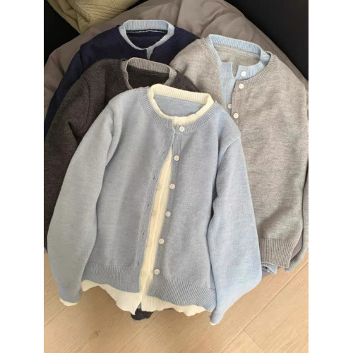 韓系深秋chic撞色假兩件灰色針織開衫外套女慵懶高級外搭毛衣上衣 韓系深秋chic撞色假兩件灰色針織開衫外套女慵懶高級外搭毛衣上衣