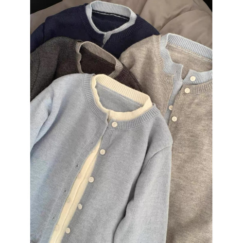 韓系深秋chic撞色假兩件灰色針織開衫外套女慵懶高級外搭毛衣上衣 韓系深秋chic撞色假兩件灰色針織開衫外套女慵懶高級外搭毛衣上衣