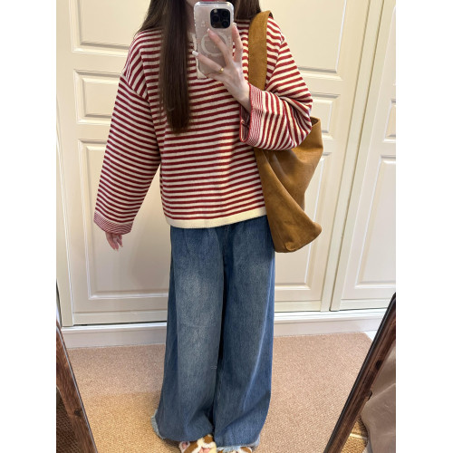 慵懶感紅色條紋撞色針織上衣秋季穿搭寬松毛衣女秋冬2025新款爆款