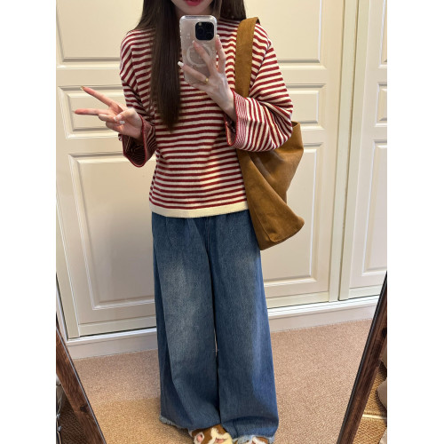 慵懶感紅色條紋撞色針織上衣秋季穿搭寬松毛衣女秋冬2025新款爆款