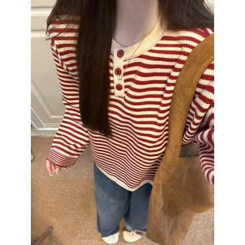 慵懶感紅色條紋撞色針織上衣秋季穿搭寬松毛衣女秋冬2025新款爆款