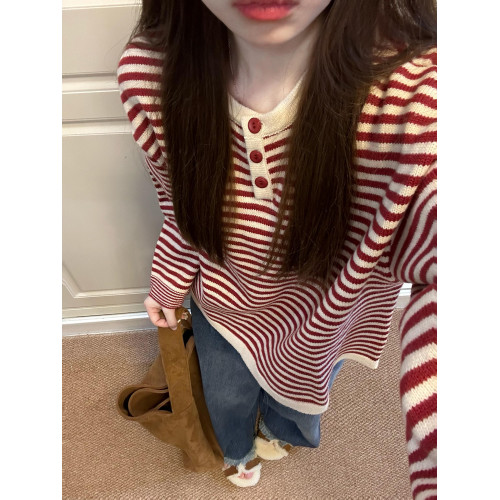 慵懶感紅色條紋撞色針織上衣秋季穿搭寬松毛衣女秋冬2025新款爆款