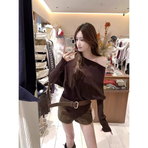 配腰帶 韓版不規則斜領露肩針織衫秋季氣質寬松顯瘦別致毛衣上衣