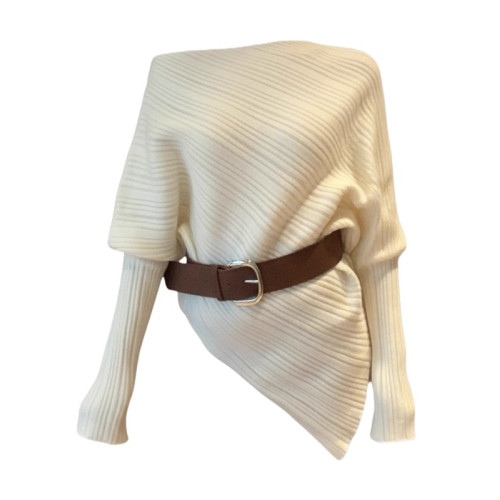 配腰帶 韓版不規則斜領露肩針織衫秋季氣質寬松顯瘦別致毛衣上衣