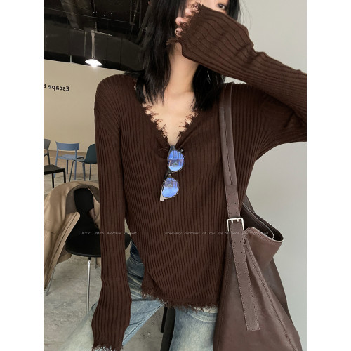 JCCC影子【毛邊肌理衫】四色毛邊竪坑條顯瘦毛邊羊毛針織打底衫