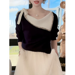 韓系設計感百搭蝴蝶結重工鑲鑽翻領針織衫女秋季新款時尚絕美上衣