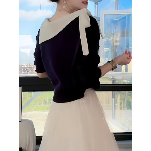 韓系設計感百搭蝴蝶結重工鑲鑽翻領針織衫女秋季新款時尚絕美上衣 韓系設計感百搭蝴蝶結重工鑲鑽翻領針織衫女秋季新款時尚絕美上衣