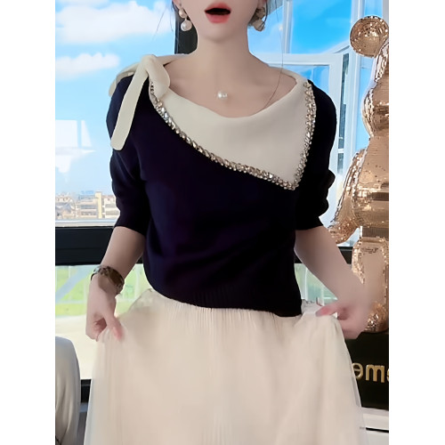 韓系設計感百搭蝴蝶結重工鑲鑽翻領針織衫女秋季新款時尚絕美上衣 韓系設計感百搭蝴蝶結重工鑲鑽翻領針織衫女秋季新款時尚絕美上衣