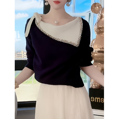 韓系設計感百搭蝴蝶結重工鑲鑽翻領針織衫女秋季新款時尚絕美上衣 韓系設計感百搭蝴蝶結重工鑲鑽翻領針織衫女秋季新款時尚絕美上衣