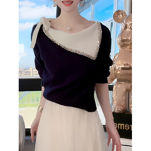 韓系設計感百搭蝴蝶結重工鑲鑽翻領針織衫女秋季新款時尚絕美上衣 韓系設計感百搭蝴蝶結重工鑲鑽翻領針織衫女秋季新款時尚絕美上衣