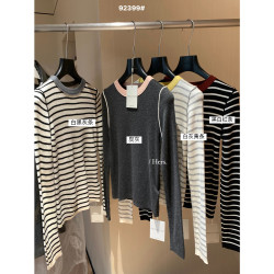 Hers秋冬韓標休閒圓領打底上衣簡約日常百搭修身顯瘦條紋針織衫女