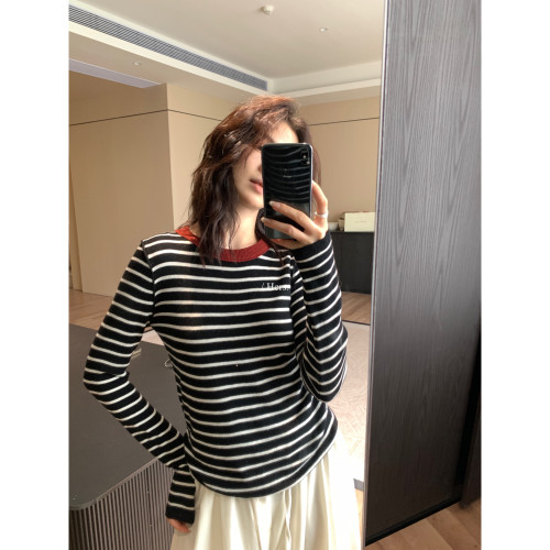 Hers秋冬韓標休閒圓領打底上衣簡約日常百搭修身顯瘦條紋針織衫女