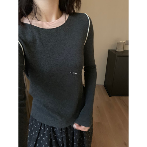 Hers秋冬韓標休閒圓領打底上衣簡約日常百搭修身顯瘦條紋針織衫女