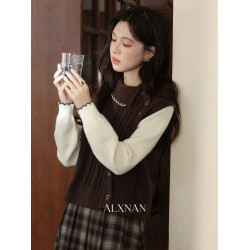 鹿向南「楓葉特調」美拉德咖色假兩件拼色長袖毛衣女秋設計感上衣