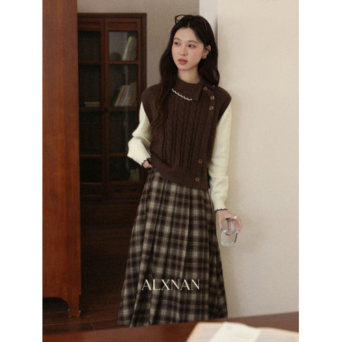 鹿向南「楓葉特調」美拉德咖色假兩件拼色長袖毛衣女秋設計感上衣 鹿向南「楓葉特調」美拉德咖色假兩件拼色長袖毛衣女秋設計感上衣