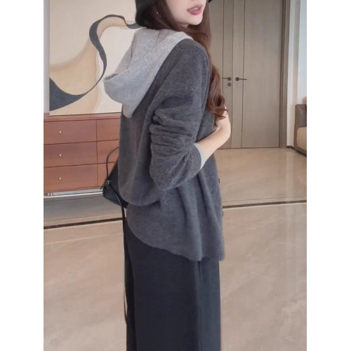 大碼連帽假兩件針織衫女春季胖MM顯瘦寬鬆慵嬾風長袖毛衣開衫上衣