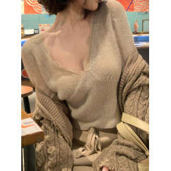 高級感韓系蕾絲針織打底衫女早秋季2025新款純欲v領內搭毛衣上衣