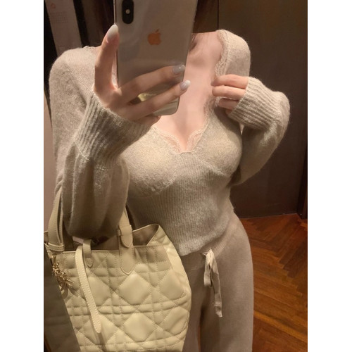 高級感韓系蕾絲針織打底衫女早秋季2025新款純欲v領內搭毛衣上衣