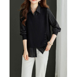 輕熟簡約風假兩件針織衫女紐釦裝飾寬松顯瘦翻領韓版休閒長袖上衣