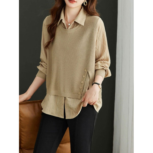 輕熟簡約風假兩件針織衫女紐釦裝飾寬松顯瘦翻領韓版休閒長袖上衣 輕熟簡約風假兩件針織衫女紐釦裝飾寬松顯瘦翻領韓版休閒長袖上衣