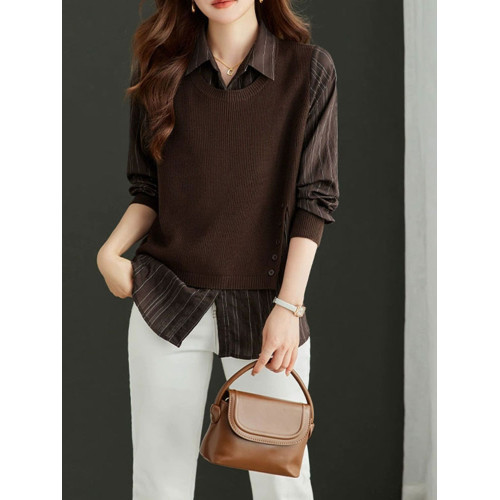 輕熟簡約風假兩件針織衫女紐釦裝飾寬松顯瘦翻領韓版休閒長袖上衣 輕熟簡約風假兩件針織衫女紐釦裝飾寬松顯瘦翻領韓版休閒長袖上衣