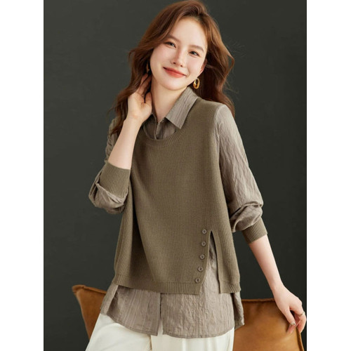 輕熟簡約風假兩件針織衫女紐釦裝飾寬松顯瘦翻領韓版休閒長袖上衣 輕熟簡約風假兩件針織衫女紐釦裝飾寬松顯瘦翻領韓版休閒長袖上衣