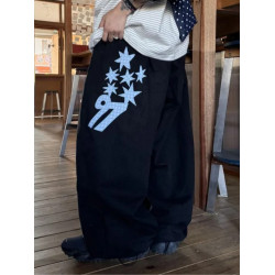 韓國五角星貼布刺綉厚斜紋帆布寬松濶腿褲彎刀褲長褲