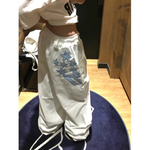 韓國五角星貼布刺綉厚斜紋帆布寬松濶腿褲彎刀褲長褲 韓國五角星貼布刺綉厚斜紋帆布寬松濶腿褲彎刀褲長褲