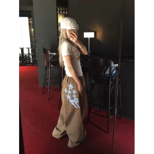 韓國五角星貼布刺綉厚斜紋帆布寬松濶腿褲彎刀褲長褲 韓國五角星貼布刺綉厚斜紋帆布寬松濶腿褲彎刀褲長褲