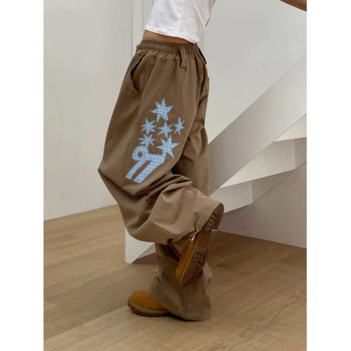 韓國五角星貼布刺綉厚斜紋帆布寬松濶腿褲彎刀褲長褲 韓國五角星貼布刺綉厚斜紋帆布寬松濶腿褲彎刀褲長褲