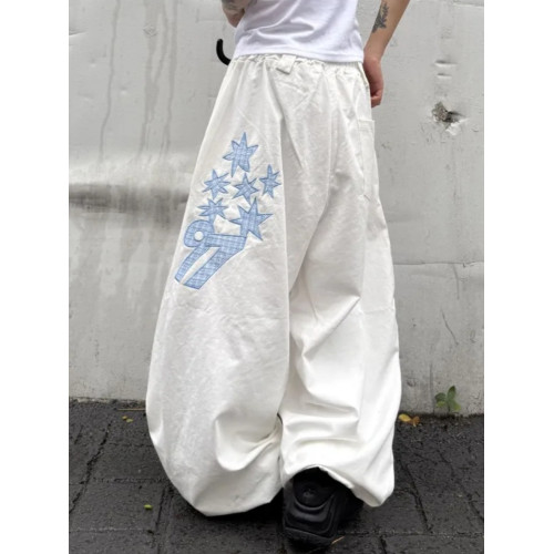 韓國五角星貼布刺綉厚斜紋帆布寬松濶腿褲彎刀褲長褲 韓國五角星貼布刺綉厚斜紋帆布寬松濶腿褲彎刀褲長褲